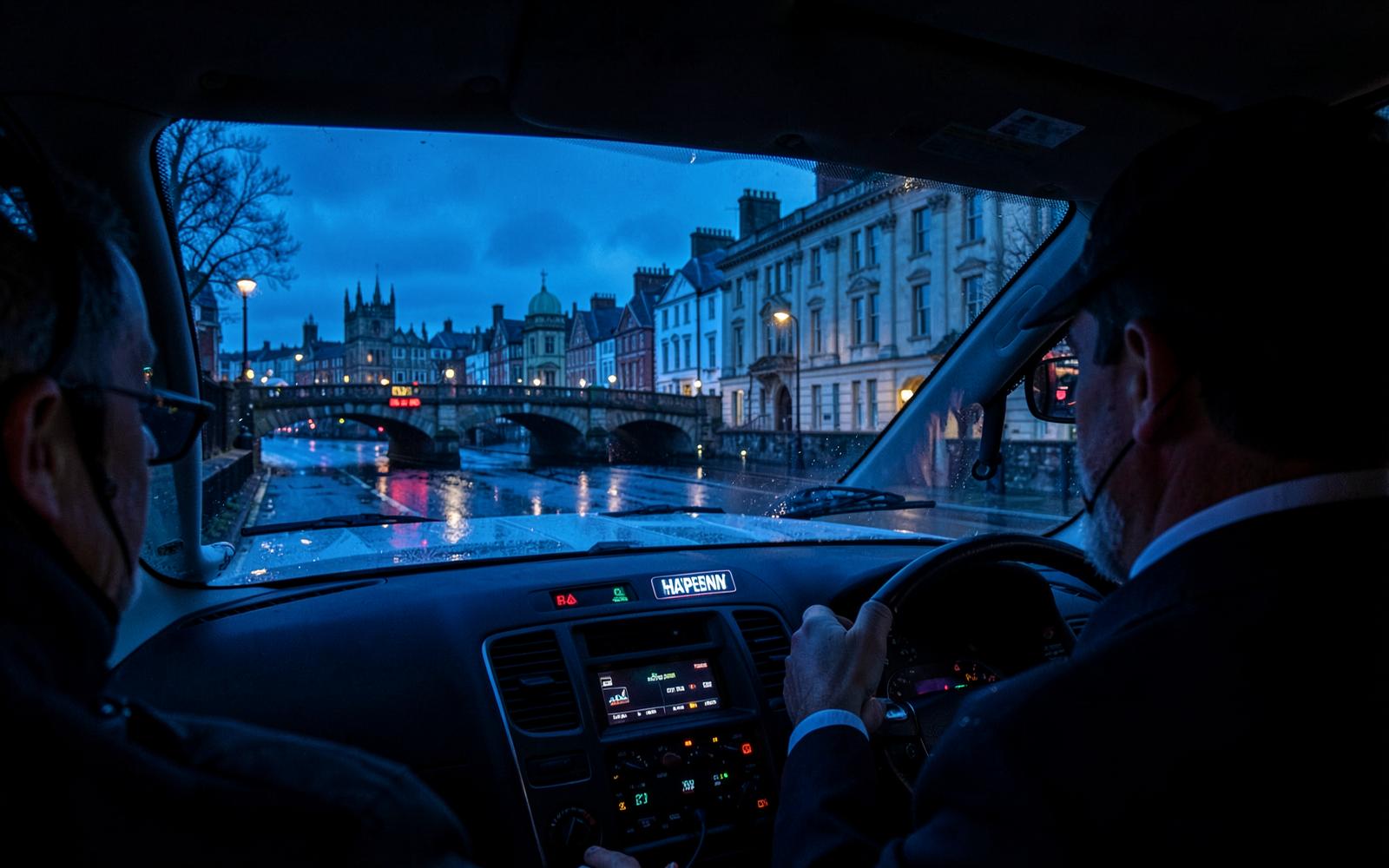 Taxi driver crossing a Dublin bridge at blue hour